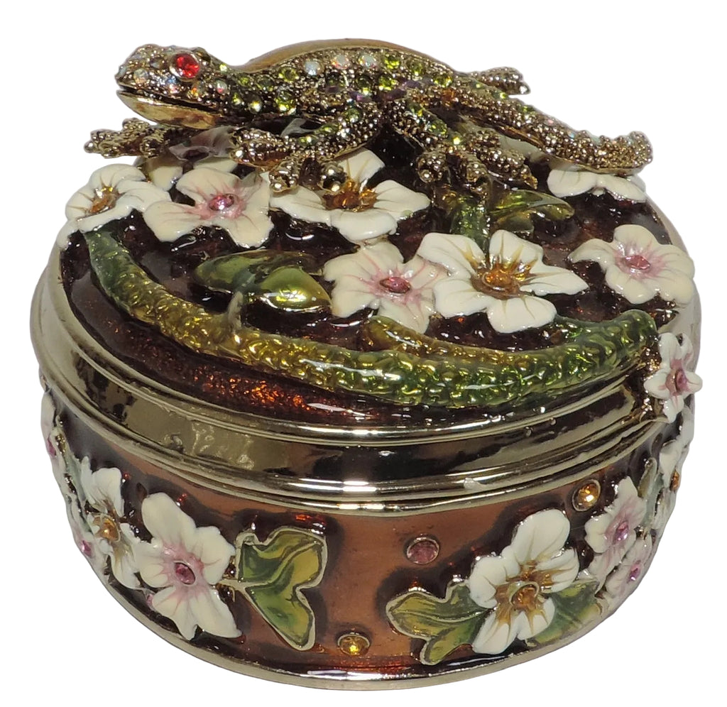 Round Trinket Box with Gecko and Flowers