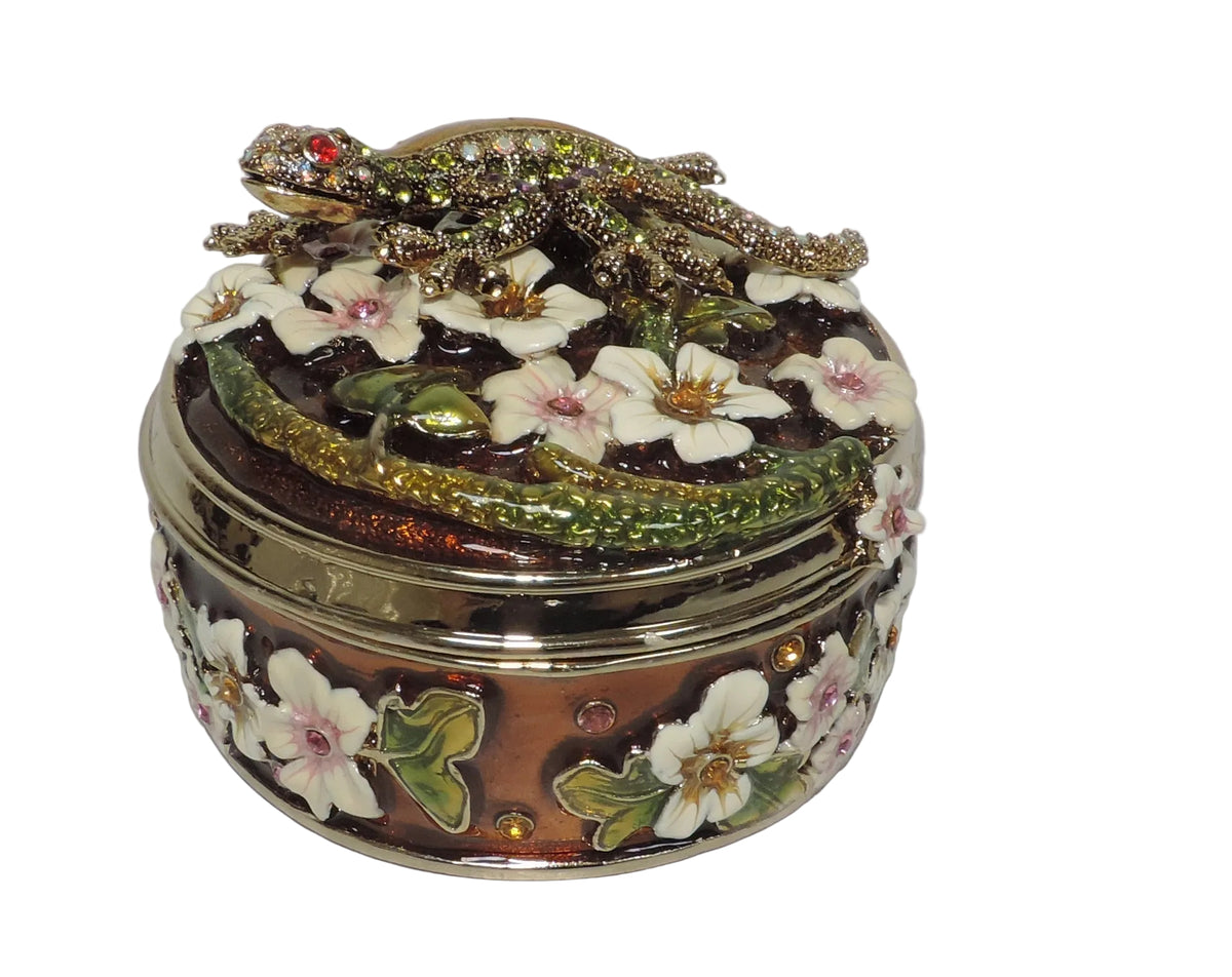 Round Trinket Box with Gecko and Flowers