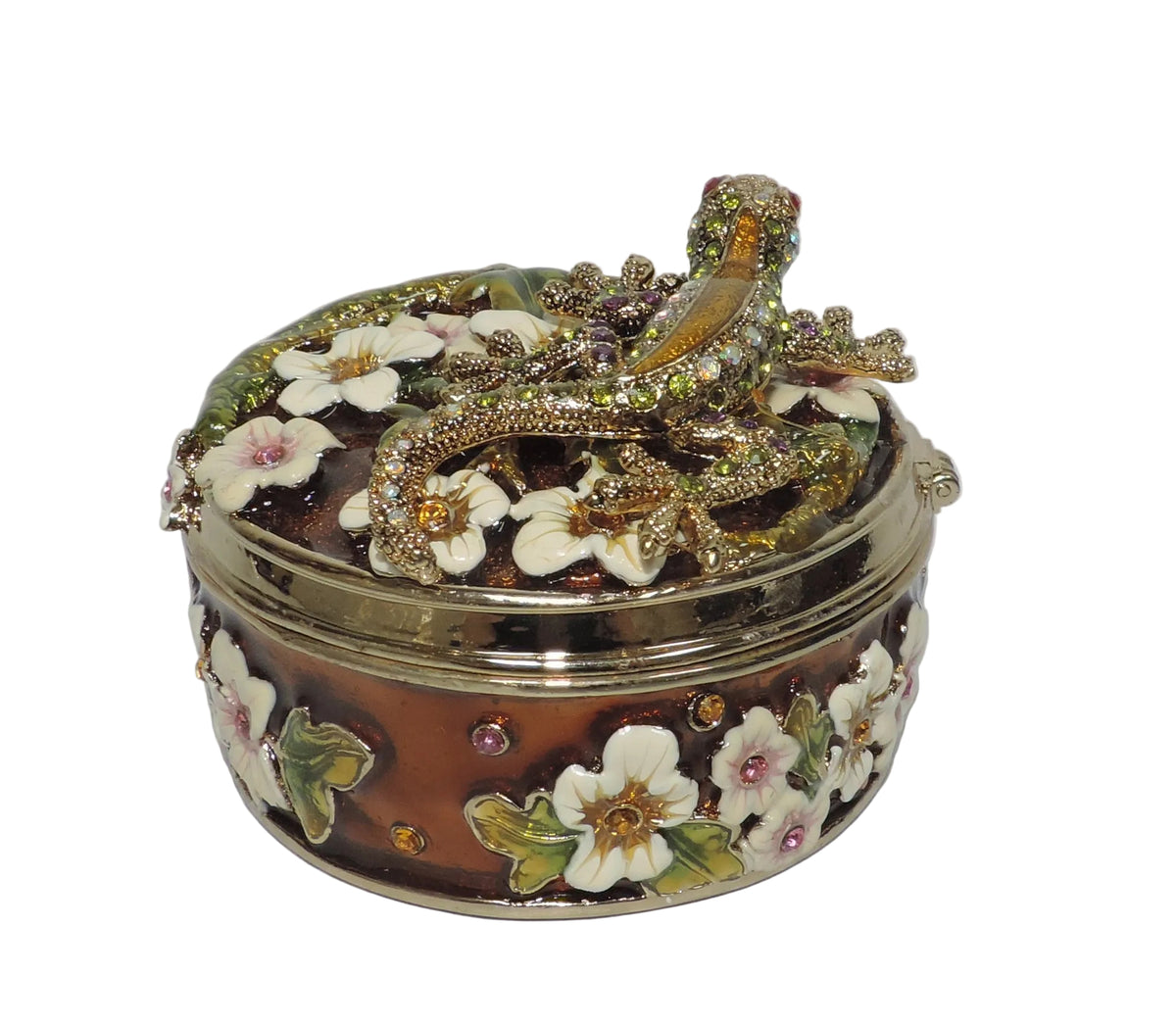 Round Trinket Box with Gecko and Flowers
