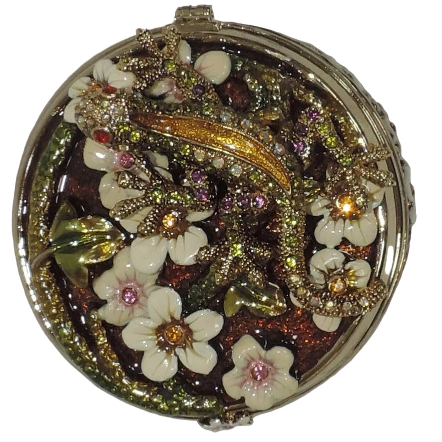 Round Trinket Box with Gecko and Flowers