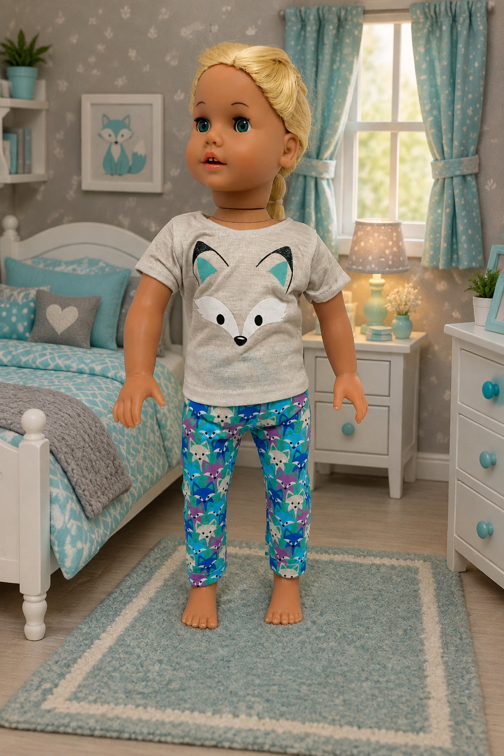 Aqua Fox Print Pants Set | Fits Most 18" Girl Dolls | 18 Inch Doll Clothes