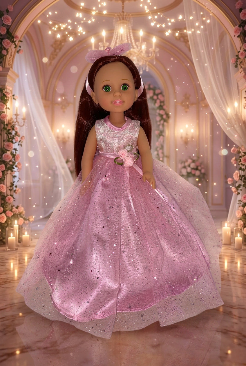 14.5" Pink Glitter Ballgown w/ Headband | 14.5" Clothes | 14.5 in Slim Body Doll