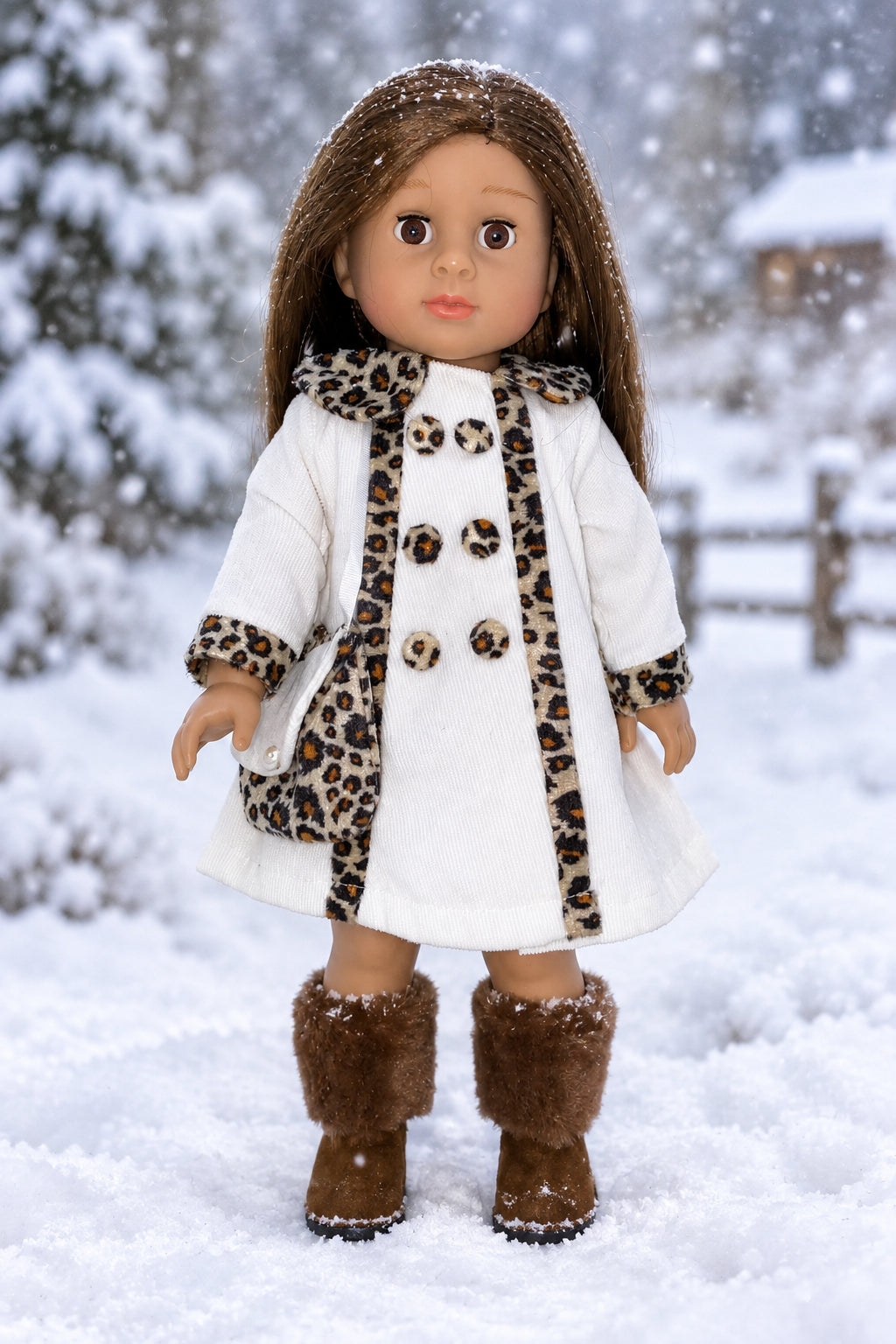 18" White Coat with Leopard Trim | Fits Most 18" Dolls | 18 Inch Doll Clothes