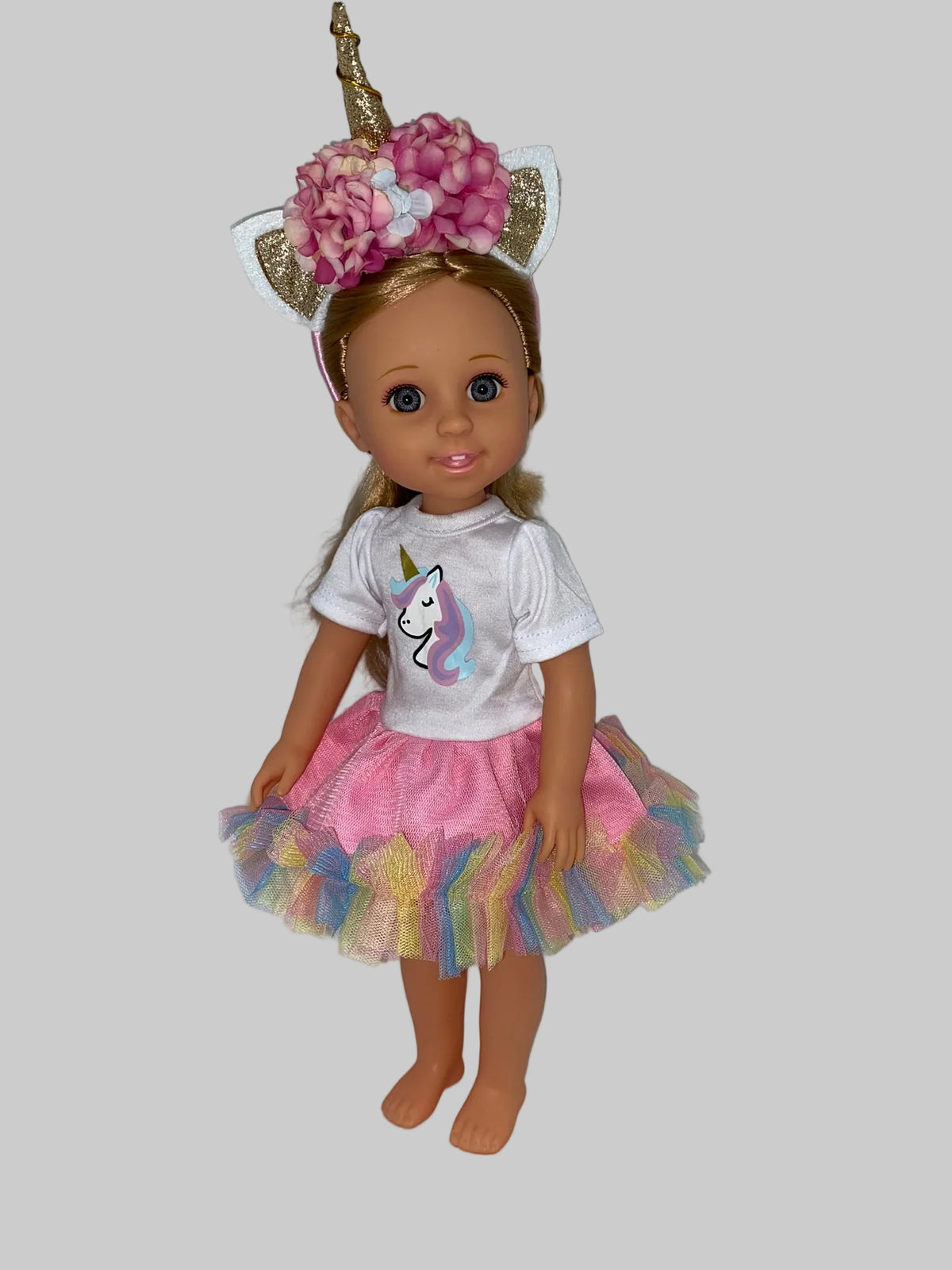 14.5" Rainbow Glitter Unicorn Dress Set | 14.5" Clothes | 14.5 in Slim Body Doll