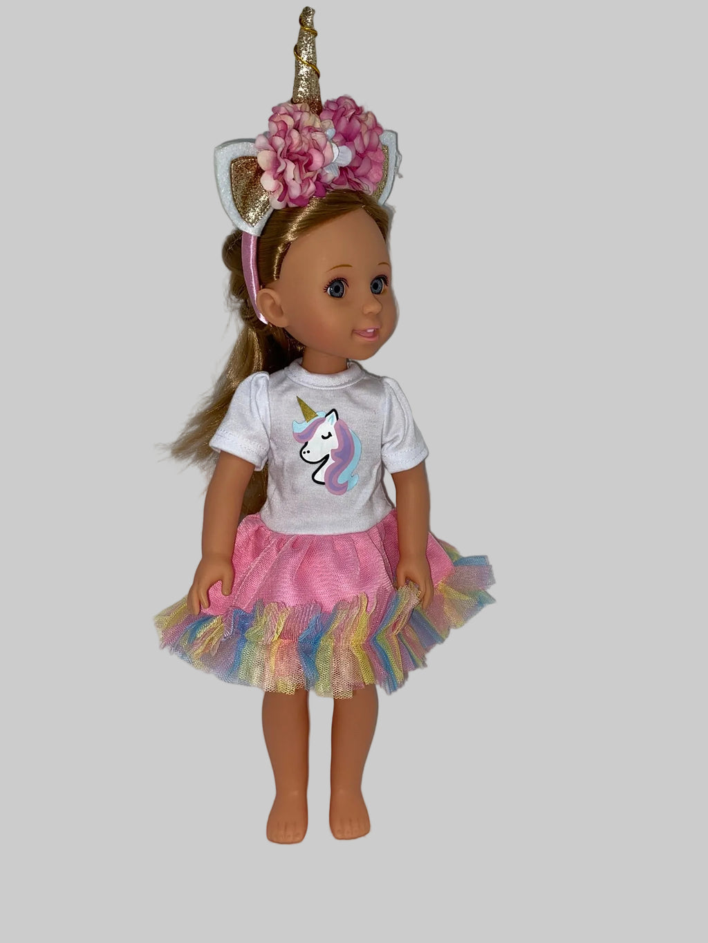 14.5" Rainbow Glitter Unicorn Dress Set | 14.5" Clothes | 14.5 in Slim Body Doll