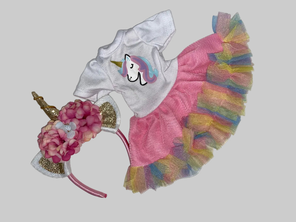 14.5" Rainbow Glitter Unicorn Dress Set | 14.5" Clothes | 14.5 in Slim Body Doll