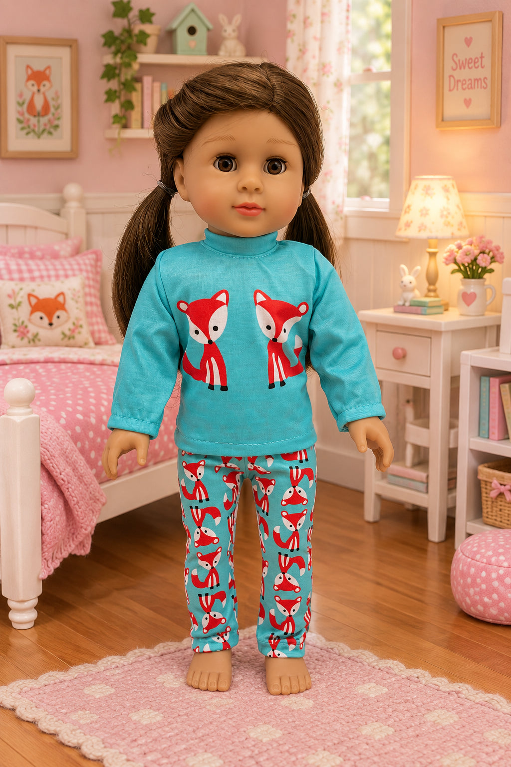 Aqua Pajamas with Red Fox Print | Fits Most 18" Girl Doll | 18 Inch Doll Clothes