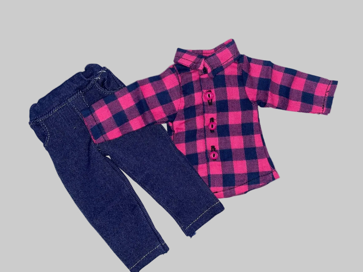 14.5" Pink and Blue Plaid Pants Set  | 14.5" Doll Clothes for Slim Body Dolls