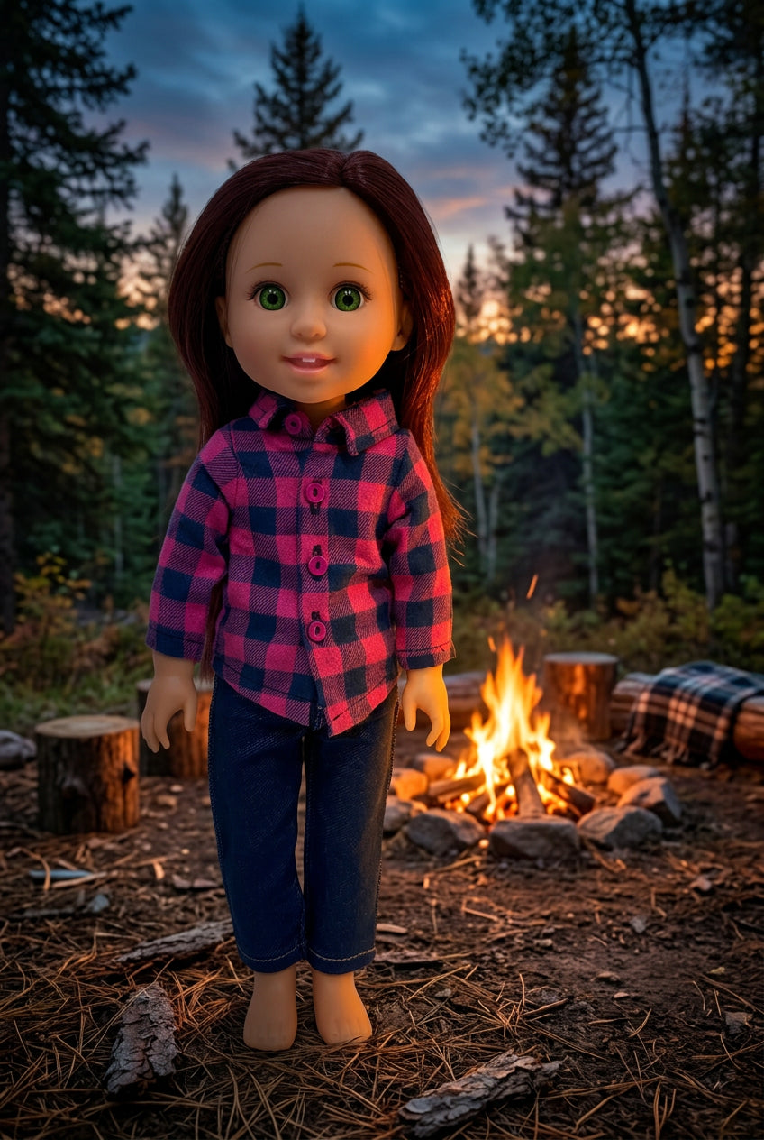14.5" Pink and Blue Plaid Pants Set  | 14.5" Doll Clothes for Slim Body Dolls