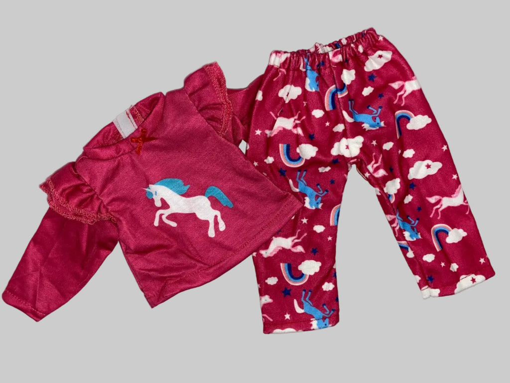 Hot Pink Unicorn Top with Rainbow Print Pants Set | Fits Most 18" Girl Dolls