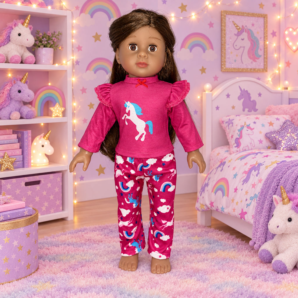 Hot Pink Unicorn Top with Rainbow Print Pants Set | Fits Most 18" Girl Dolls