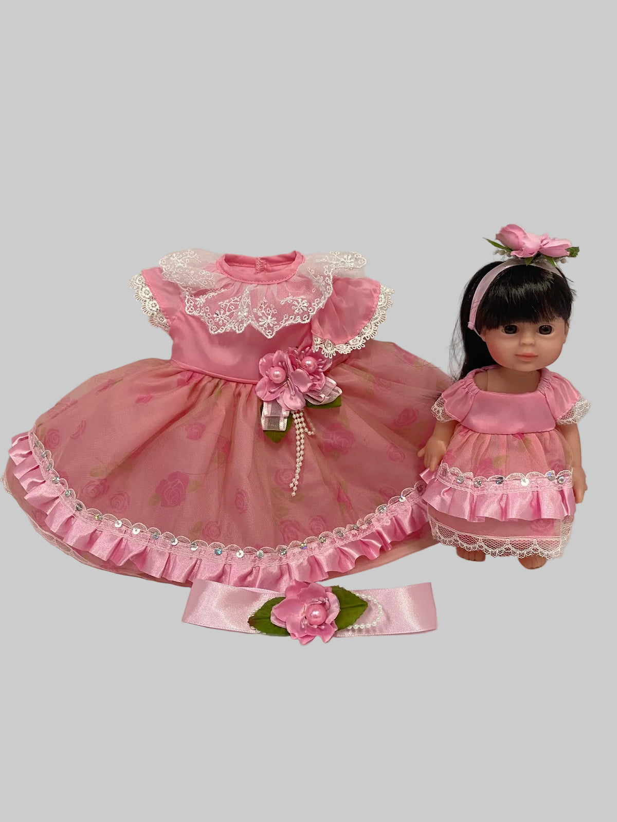 Lacy Pink Party Dress with Matching Mini Doll | Fits Most 18" Girl Dolls
