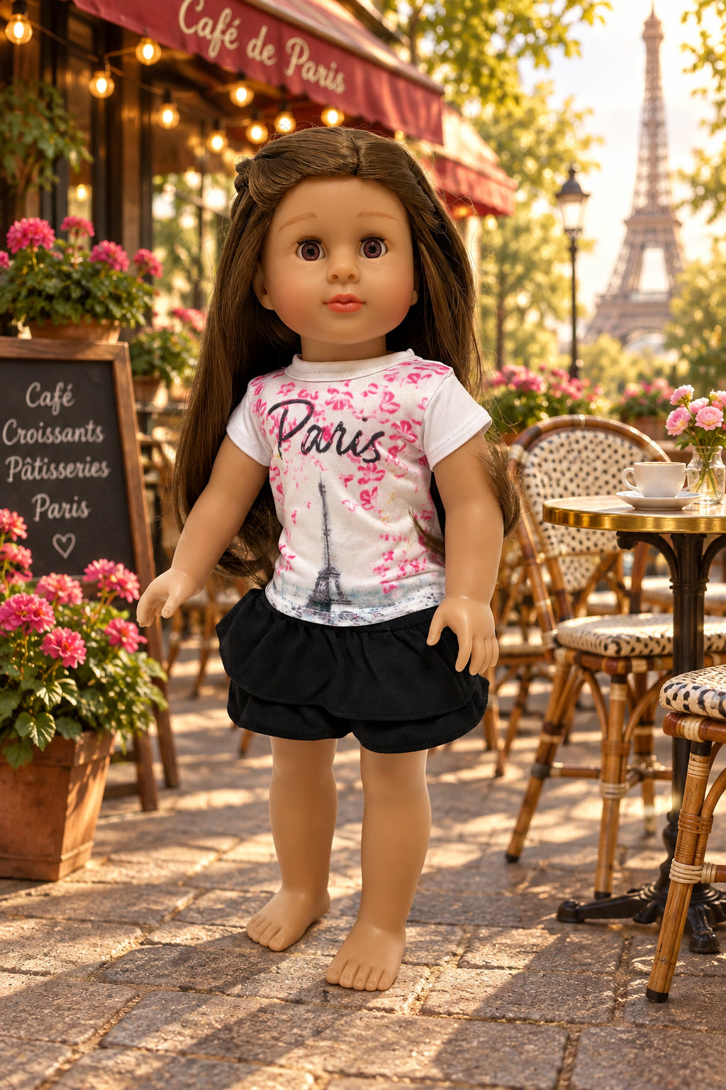 Paris Top with Black Ruffle Skirt | Fits Most 18" Dolls | 18 Inch Doll Clothes