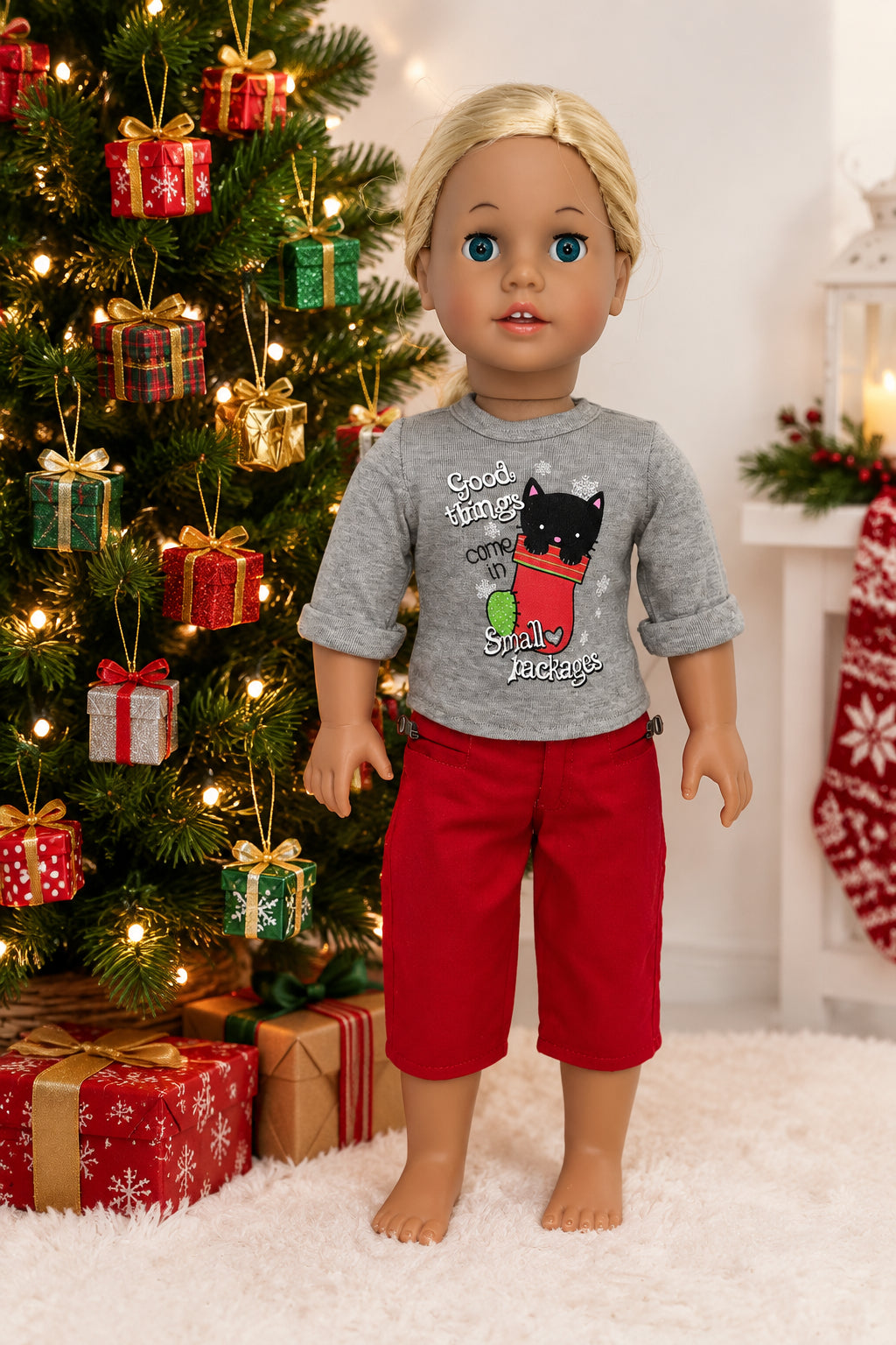 Holiday Tee with Red Cargo Pants | Fits Most 18" Dolls | 18 Inch Doll Clothes