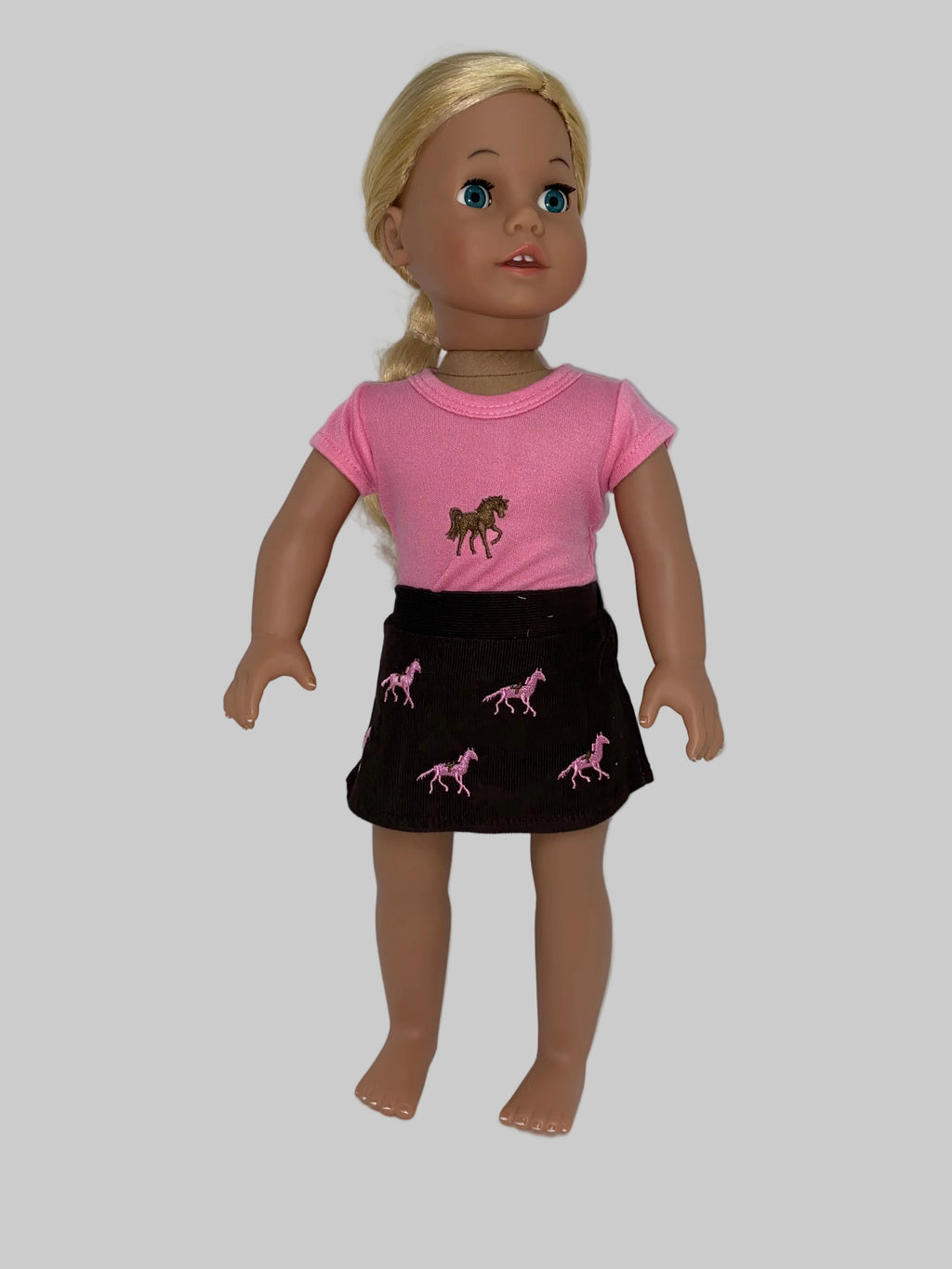 Brown and Pink Embroidered Horse Skirt Set | Fits Most 18" Dolls | 18 Inch Doll
