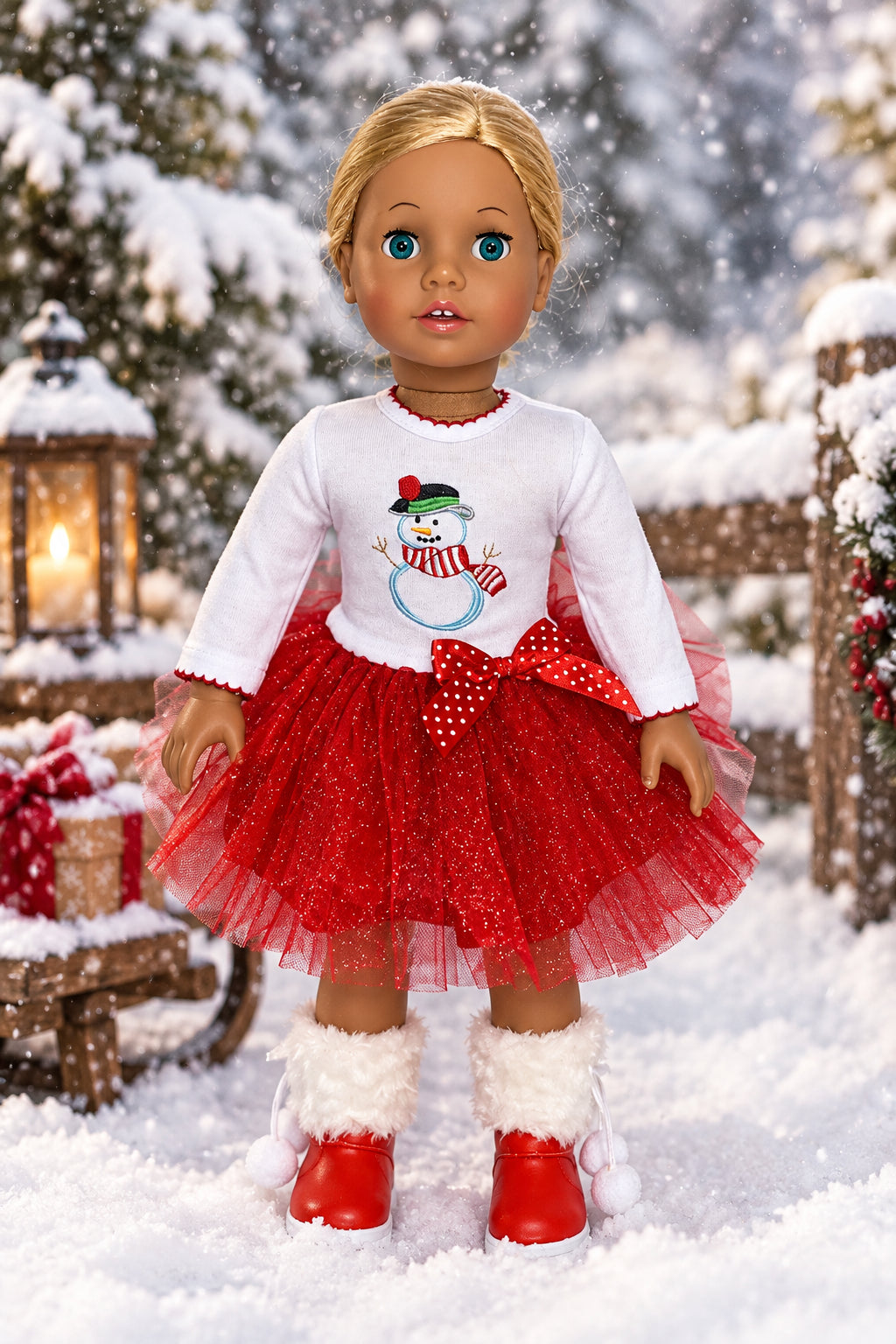 Red and White Snowman Dress | Fits Most 18" Dolls | 18 Inch Doll Clothes