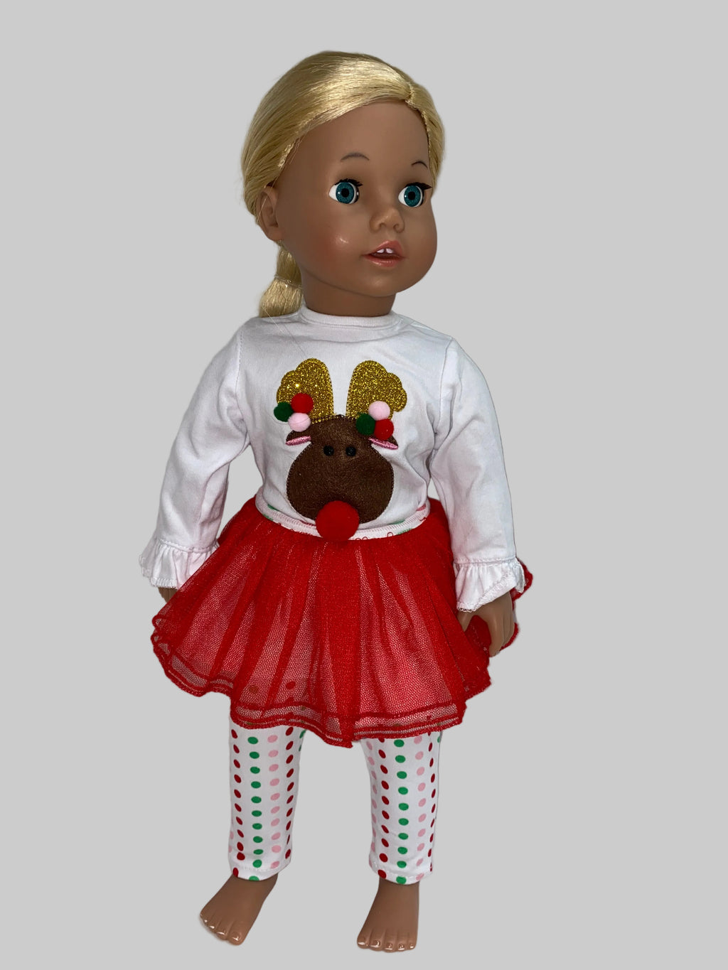 3pc Reindeer Pom Poms Skirt Set  | Fits Most 18" Dolls | 18 Inch Doll Clothes