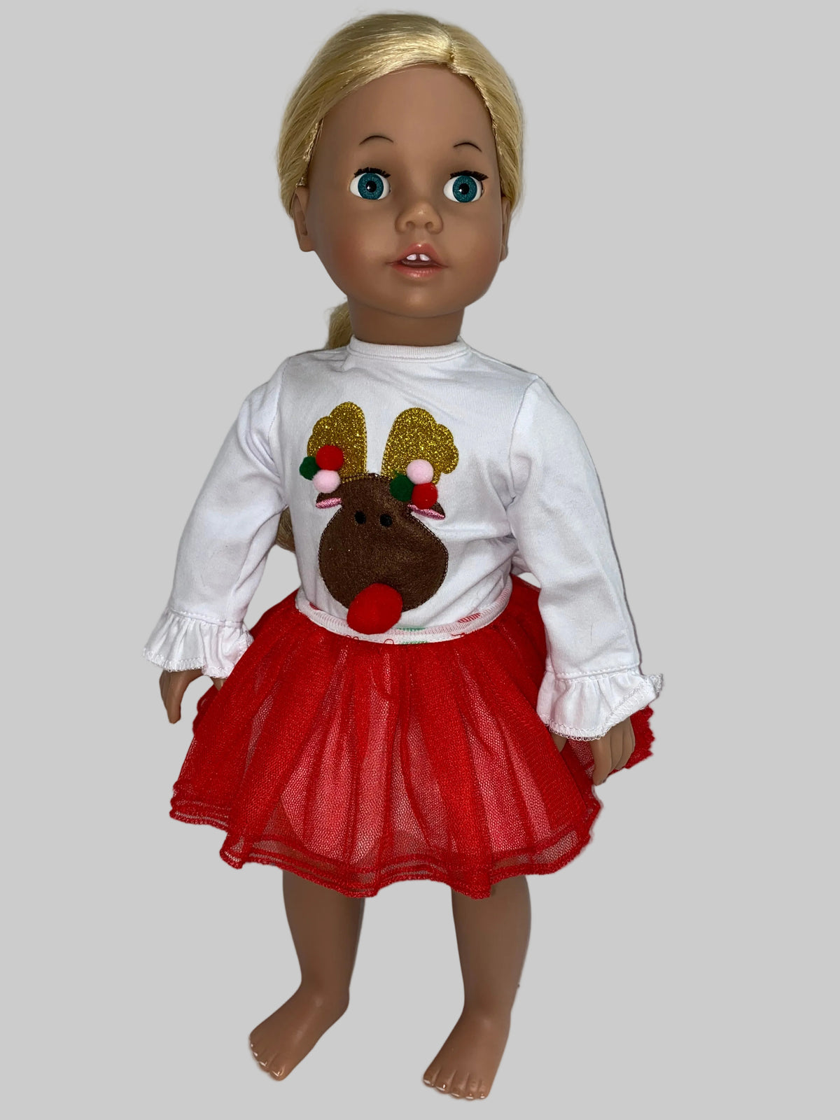 3pc Reindeer Pom Poms Skirt Set  | Fits Most 18" Dolls | 18 Inch Doll Clothes
