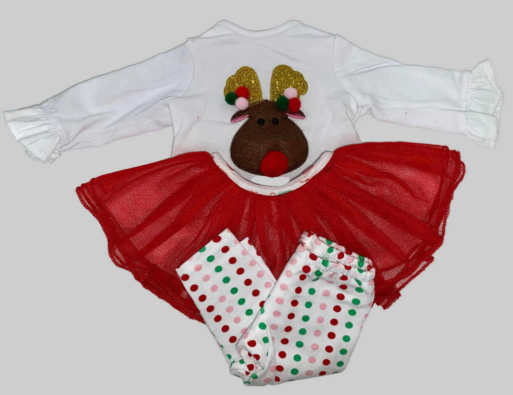 3pc Reindeer Pom Poms Skirt Set  | Fits Most 18" Dolls | 18 Inch Doll Clothes