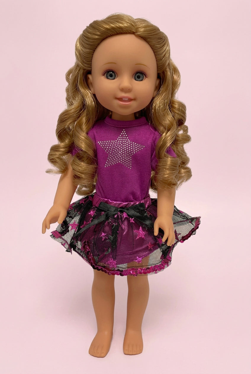 14.5" Magenta Rhinestone Star Skirt Set | 14.5" Doll Clothes | Fits 14.5 in Slim