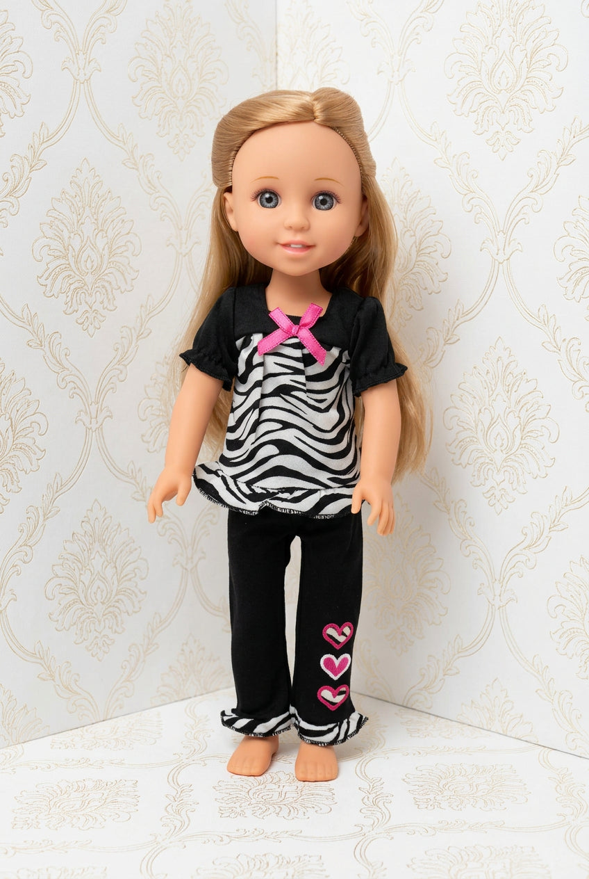 14.5" Black and White Zebra Print Hearts Pants Set | Fits Most 14.5" Girl Dolls