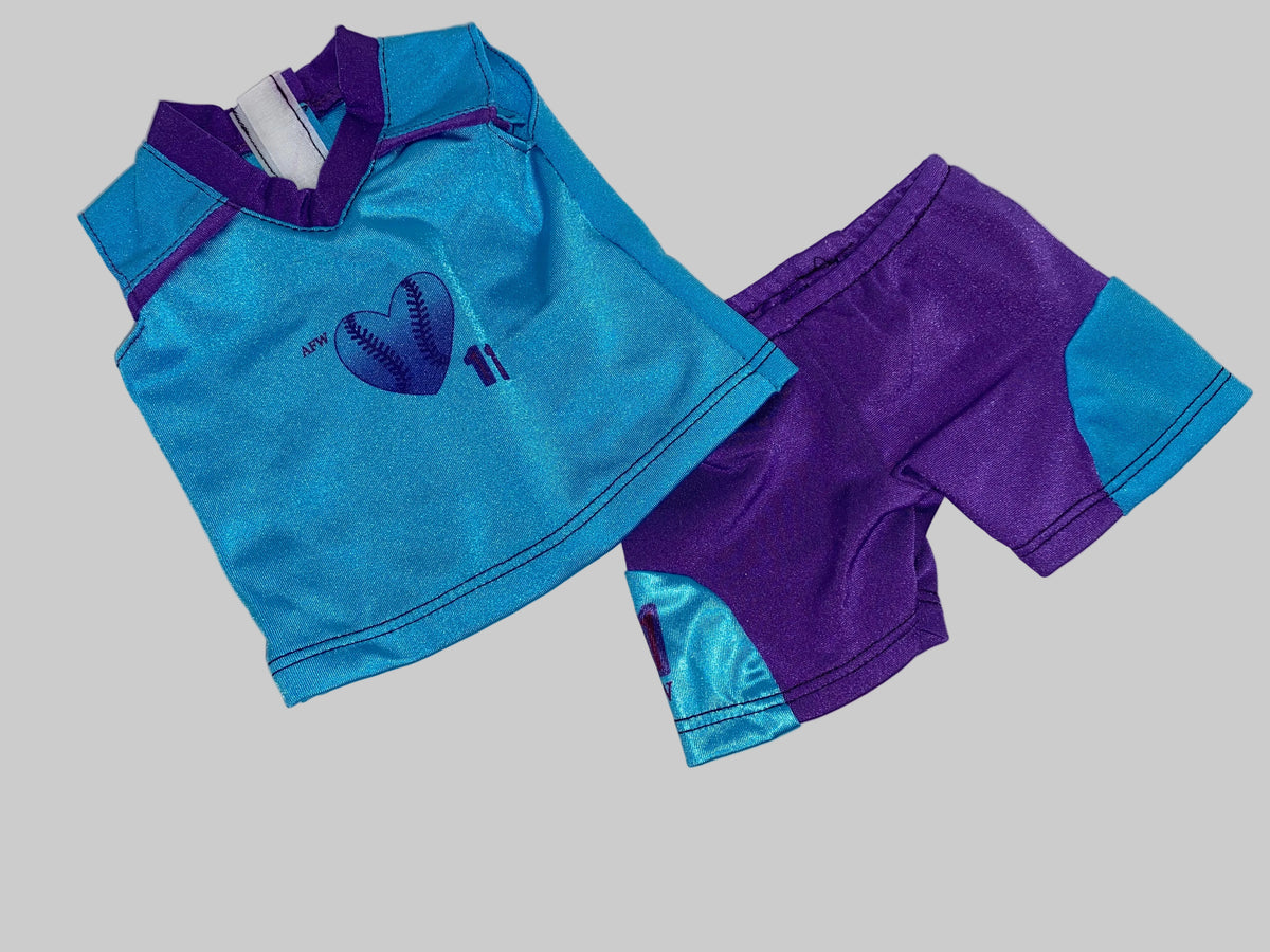 Purple and Blue Softball Shorts Set | Fits Most 18" Dolls | 18 Inch Doll Clothes