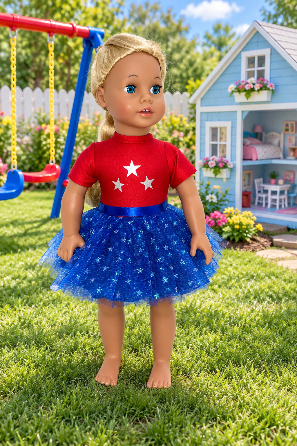 Red and Blue "Super Star" Dress | Fits Most 18" Dolls | 18 Inch Doll Clothes