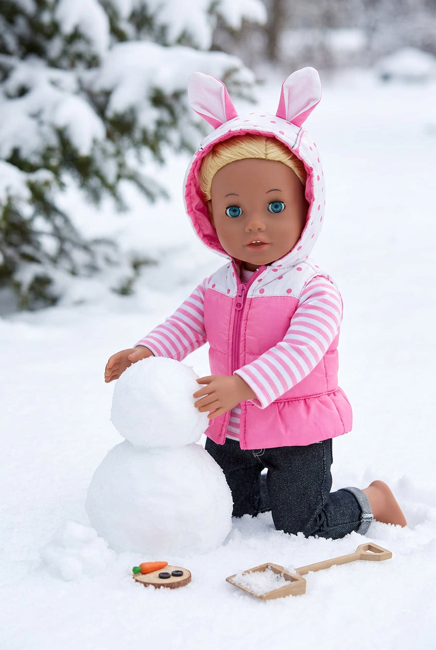 Snow scene (lifestyle shot) — "18 inch doll wearing pink quilted puffer vest with bunny ear hood, pink and white striped long-sleeve cotton shirt, and dark denim jeans, posed outdoors in snow building a snowman"