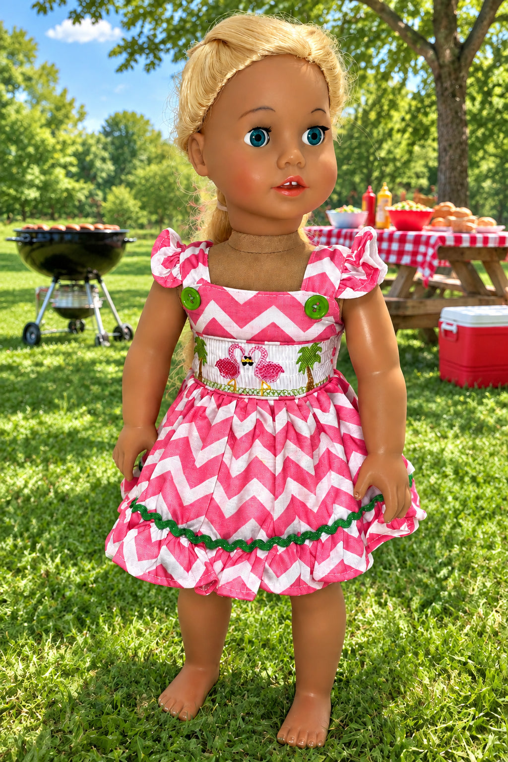Zig Zag Dress with Flamingo Embroidery | Fits Most 18" Girl Dolls | 18 Inch Doll Clothes