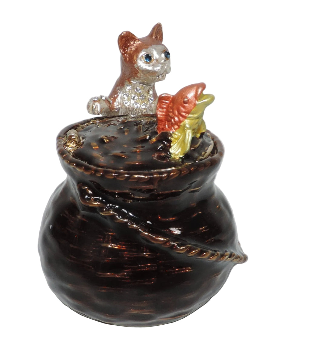Cat with Fish in Basket Trinket Box