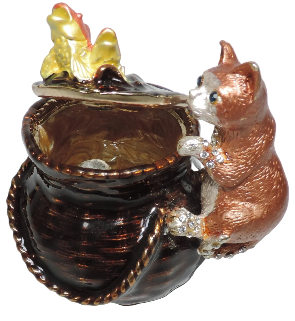 Cat with Fish in Basket Trinket Box