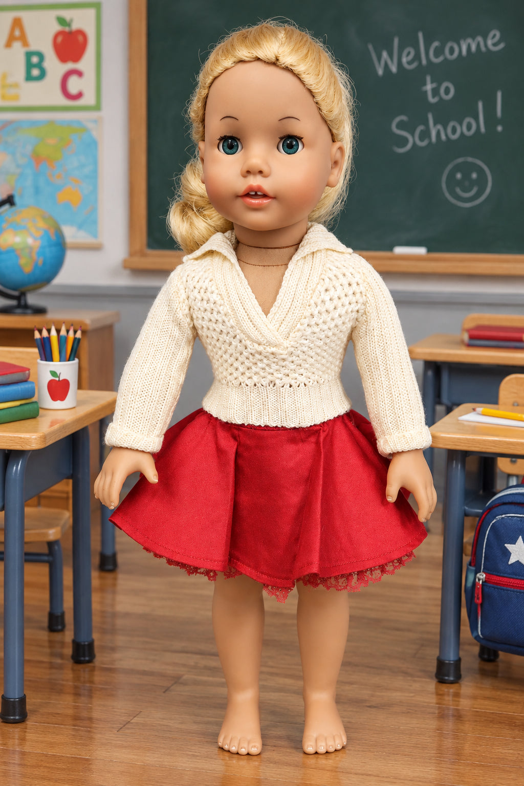 Red Skirt w/ Beige Sweater | Fits Most 18" Girl Dolls | 18 Inch Doll Clothes