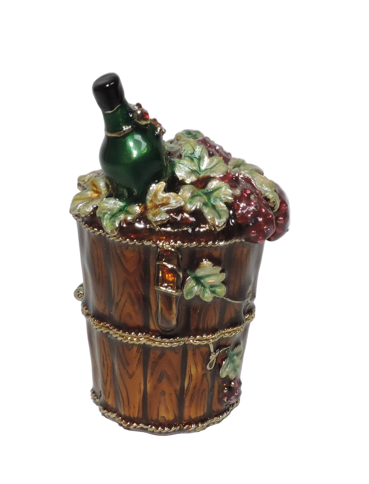 Wine Bottle and Grapes in Barrel Trinket Box