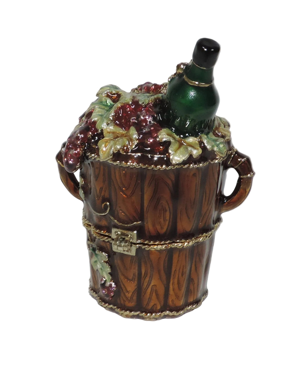 Wine Bottle and Grapes in Barrel Trinket Box
