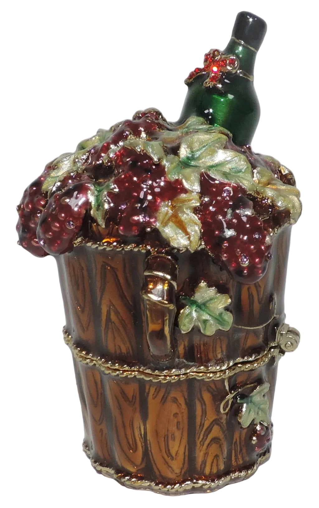 Wine Bottle and Grapes in Barrel Trinket Box