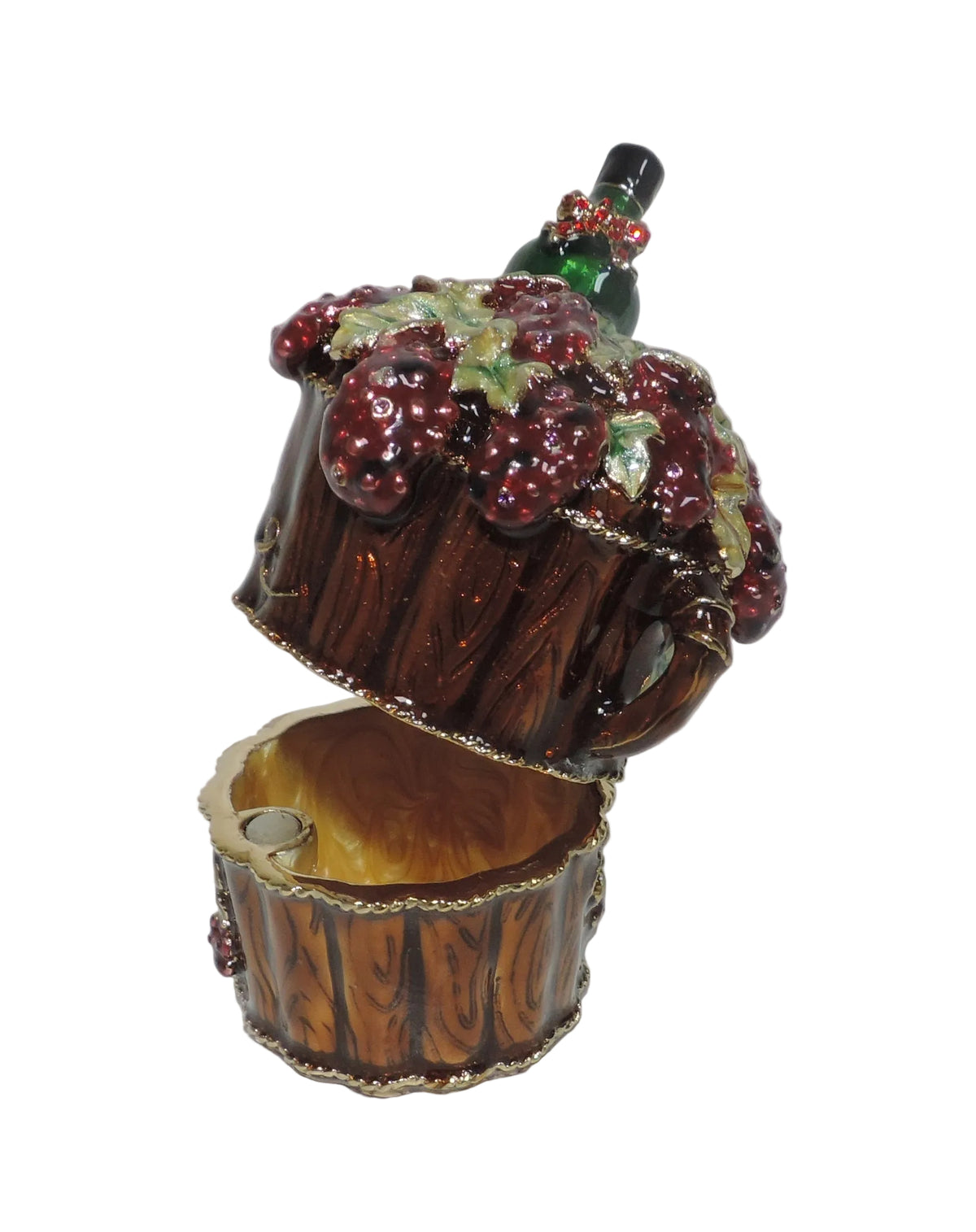 Wine Bottle and Grapes in Barrel Trinket Box