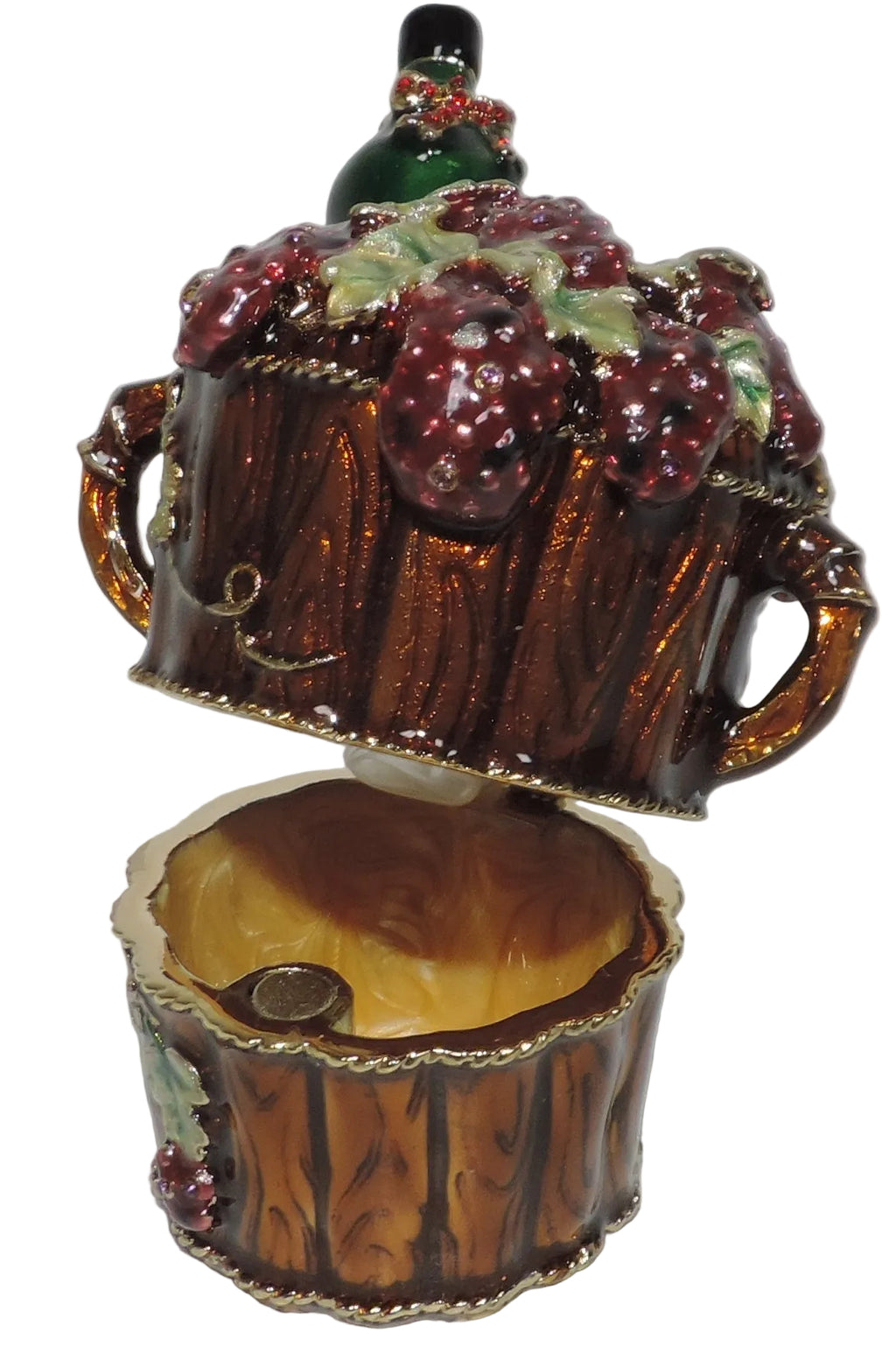 Wine Bottle and Grapes in Barrel Trinket Box