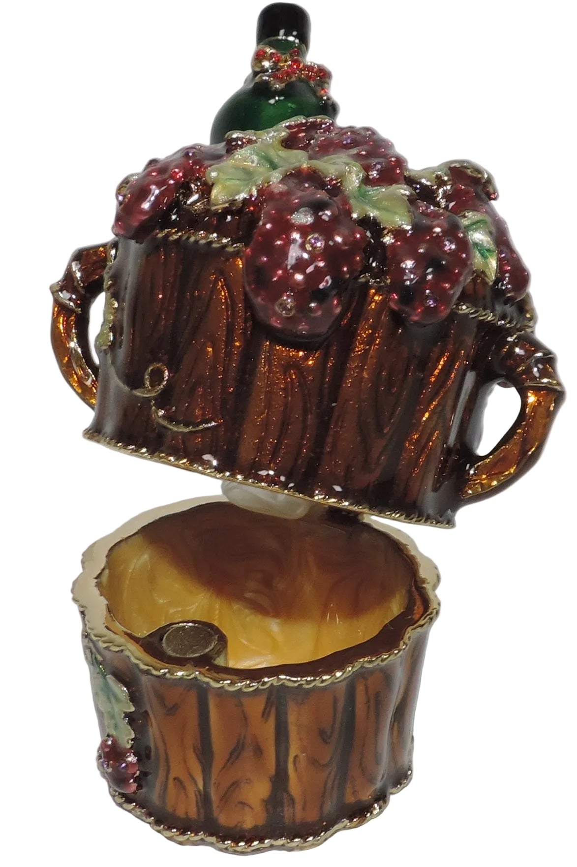 Wine Bottle and Grapes in Barrel Trinket Box