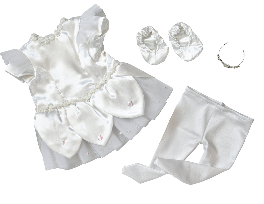 White Ballerina Costume with Toe Shoes and Tiara | Fits Most 15" Baby Dolls | 15
